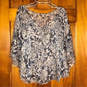 Sheer Robin K cape cover up tie front floral pattern cream/ black/ blue medium